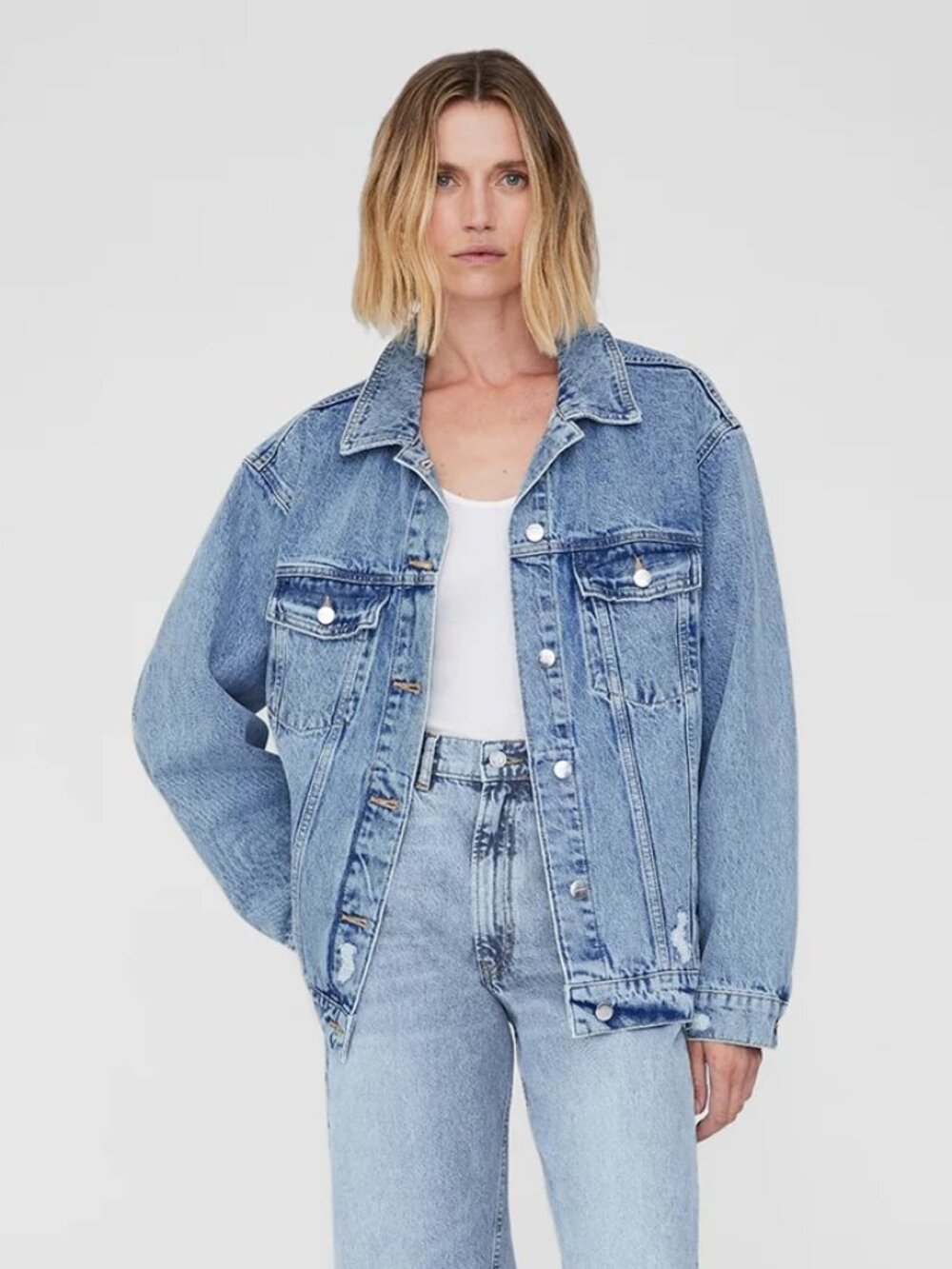 Anine Bing Oversized Distressed Denim Jacket Light Wash Size S